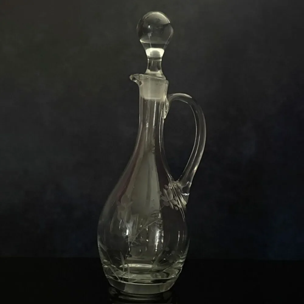 Vintage Etched Floral Glass Decanter Cruet Stopper Handle 12